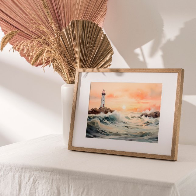 Poster Luz de orientação: Arte de aquarela de farol (Embark on a coastal charm journey with a captivating watercolor painting.)