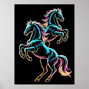 Poster Luz Neon de Cavalo Efeito Glitch Estilo Retro