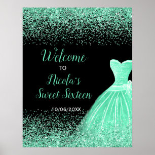 Poster Luz verde Vestido Faux Glitter Sweet 16 Welcome