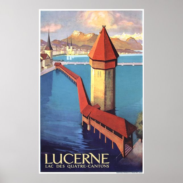 Poster Luzerna, Suiça, vista no lago e uma torre, (Frente)