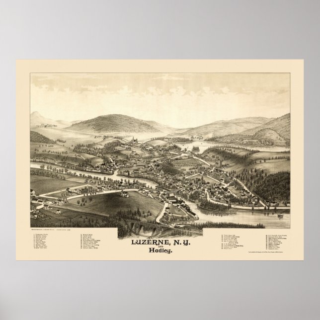 Poster Luzerne & Hadley, NY Panorâmica Map - 1887 (Frente)