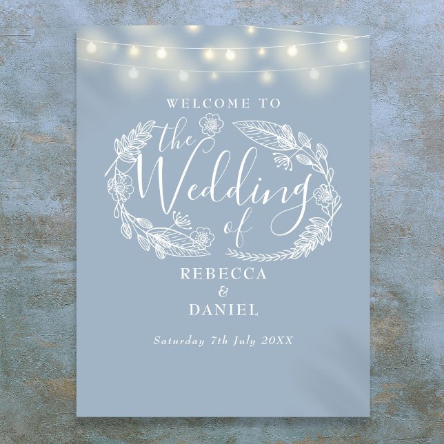 Poster Luzes de Corda Azuis Desbotadas Sinal de Boas-Vind (Dusty Blue String Lights Wedding Welcome Sign)