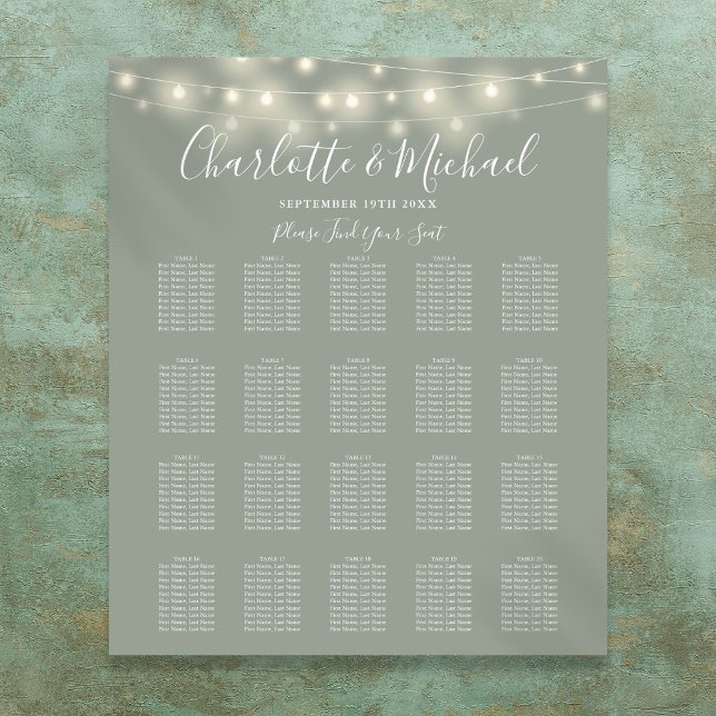 Poster Luzes de Corda Carta de Assentos de Casamento Verd (String Lights Sage Green Wedding Seating Chart)