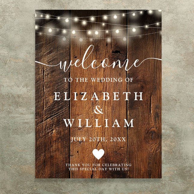 Poster Luzes de Corda de Madeira Rústica Placa de Boas Vi (Rustic Wood String Lights Wedding Welcome Sign)