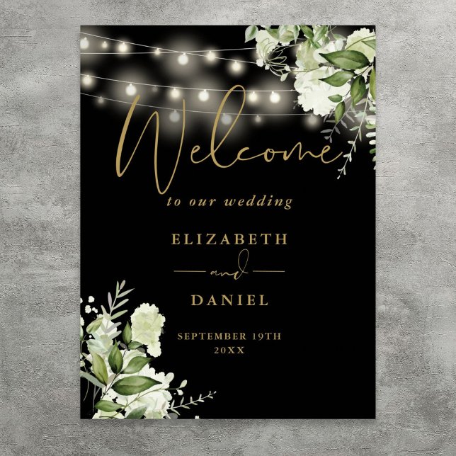 Poster Luzes de Corda Douradas e Pretas para Bem-Vindo de (Black Gold String Lights Floral Wedding Welcome Poster)