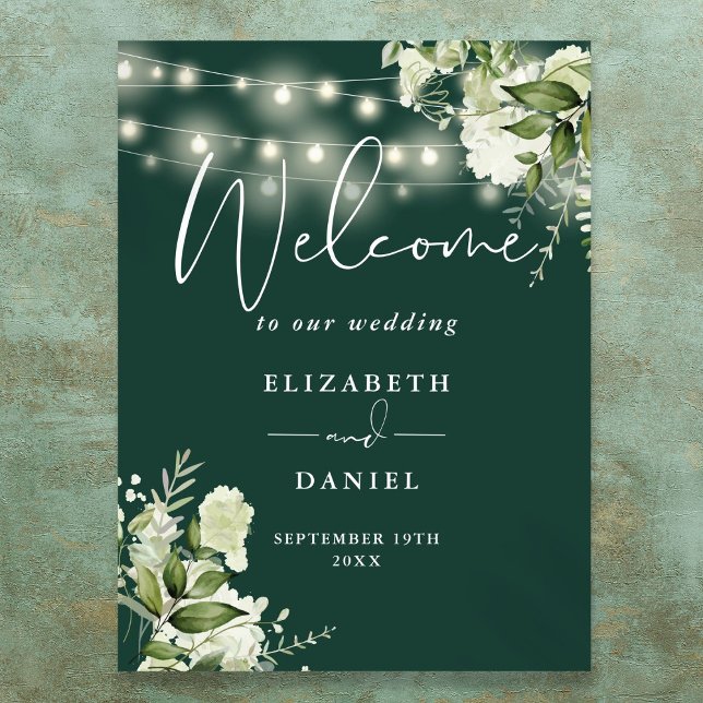 Poster Luzes de Corda Esmeralda Florais Boas Vindas Casam (Emerald String Lights Floral Wedding Welcome Poster)