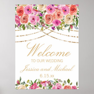 Poster Luzes de Corda Florais Rosa Branca Boas-Vindas de