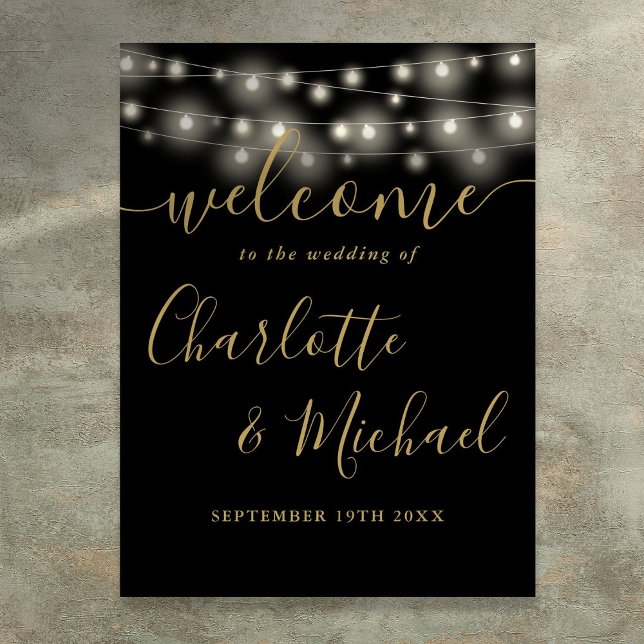 Poster Luzes de Corda Preta e Dourada Sinal de Boas-Vinda (Black And Gold String Lights Wedding Welcome Sign)