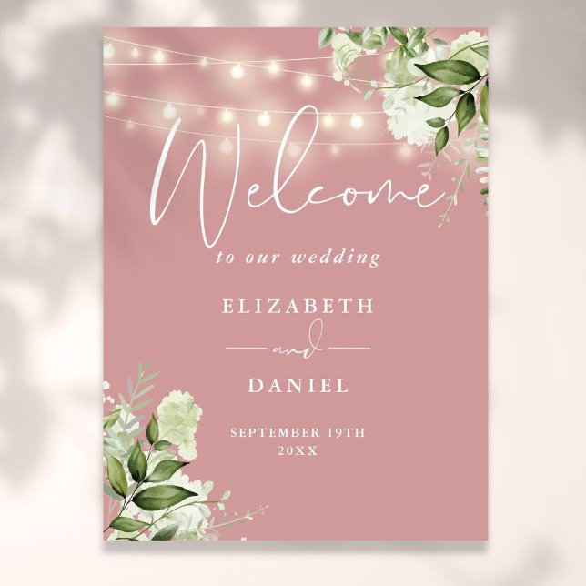 Poster Luzes de Corda Rosa Empoeirada Flores Boas-vindas  (Dusty Rose String Lights Floral Wedding Welcome Poster)