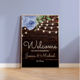 Poster Luzes de Corda Rústicas Azul Floral Boas-Vindas Ca