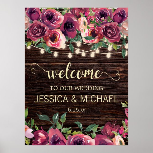 Poster Luzes de Corda Rústicas Casamento Floral Rosa Borg (Frente)