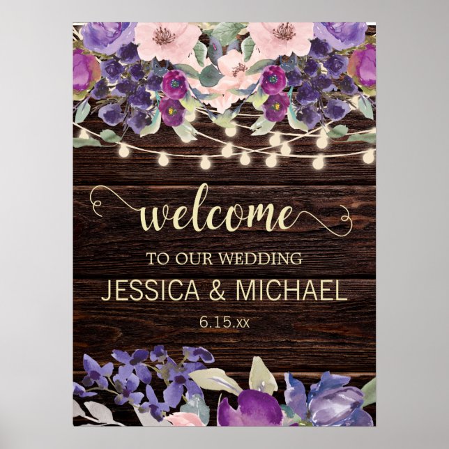 Poster Luzes de Corda Rústicas Casamento Floral Rosa Roxo (Frente)