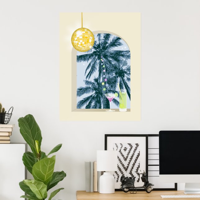 Poster Luzes de festa Cocktails Disco Palmas em Amarelo (Escritório em casa)