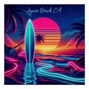 Pôster Luzes de Neon do Surfboard Sunset