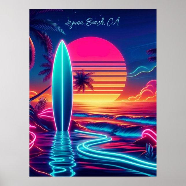 Poster Luzes de Neon do Surfboard Sunset (Frente)