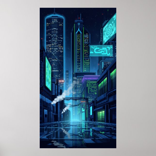 Poster luzes de neon em torre da futura cidade de pixel (Frente)