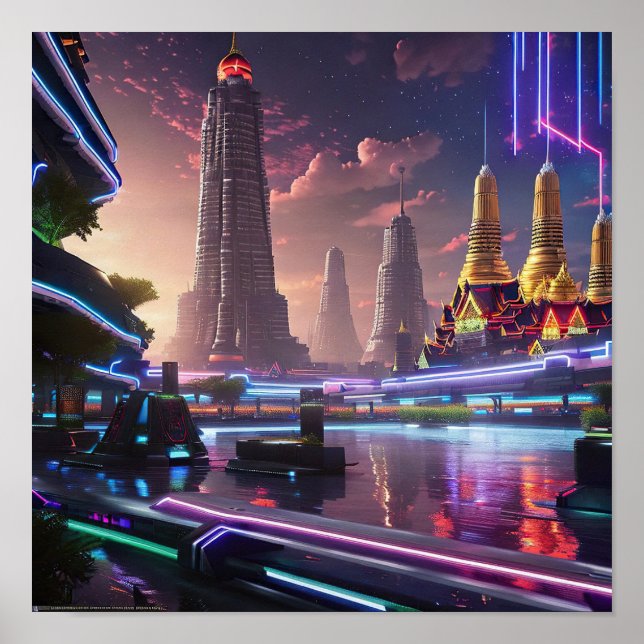 Poster Luzes de Neon Vibrantes de Cyberpunk Bangkok (Frente)