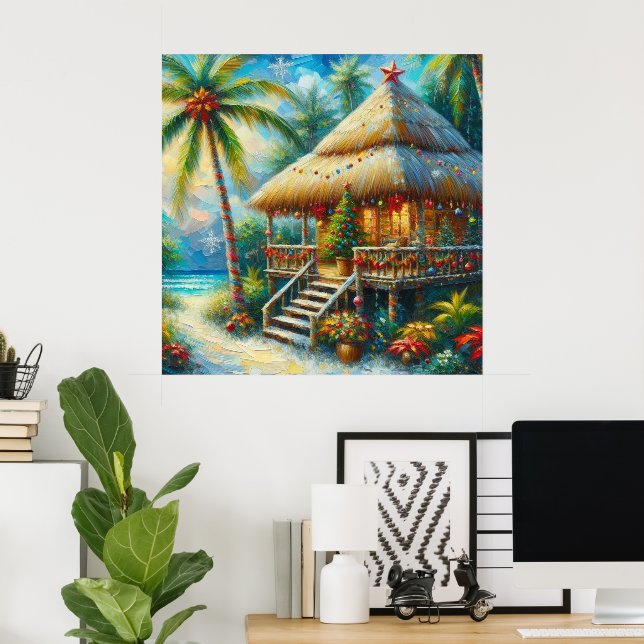 Poster Luzes de praia de palmeira de Natal Tropical (Escritório em casa)