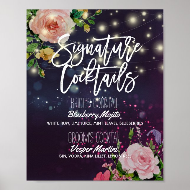 Poster Luzes de String Floral do Menu Drink de Assinatura (Frente)
