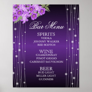 Pôster Luzes de String Roxo Elegantes Florais - Menu Bar