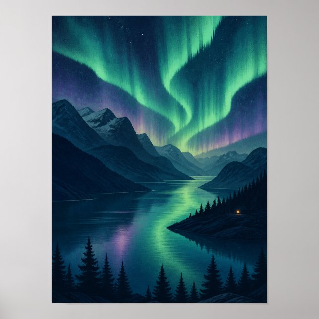 Pôster Luzes do Norte Aurora Fjord 12x16 (Frente)