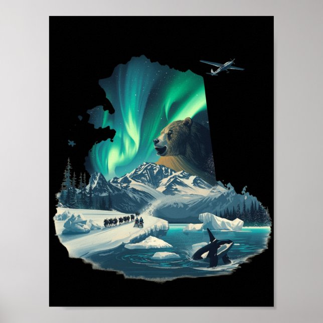 Poster Luzes do Norte do Alasca Urso Cinzento & Orca (Frente)