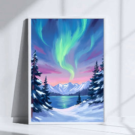 Poster Luzes do Norte | Montanhas Inverno Aquarela