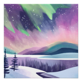 Pôster Luzes do Norte Noite de Inverno Colorida | Aquarel