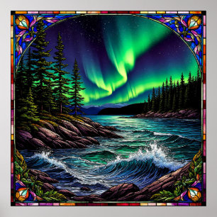 Poster Luzes do Norte Sobre uma Paisagem Costeira Vibrant