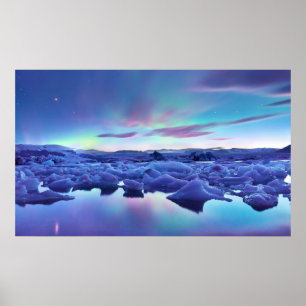 Poster Luzes nortes sobre o lago Jokulsarlon, Islândia