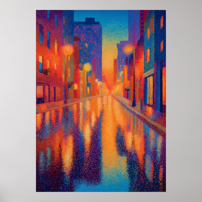 Poster Luzes Pontilhistas da Rua da Cidade Chuvosa (Frente)