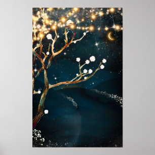 Poster Luzes Rústicas de Árvore numa Noite Estrelada de C