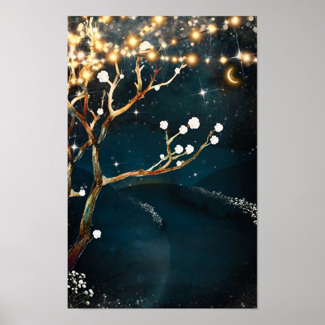 Poster Luzes Rústicas de Árvore numa Noite Estrelada de C (Frente)