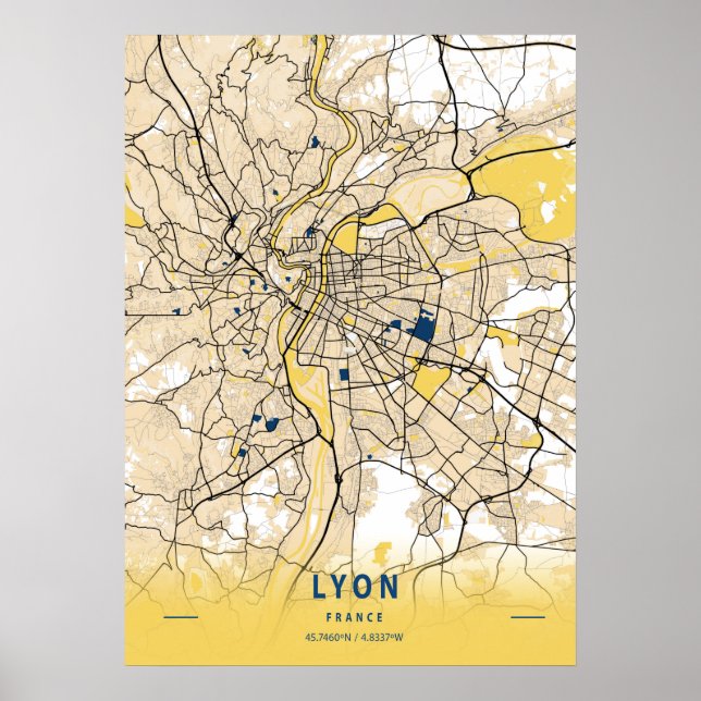 Poster Lyon - França - Mapa da cidade amarela (Frente)