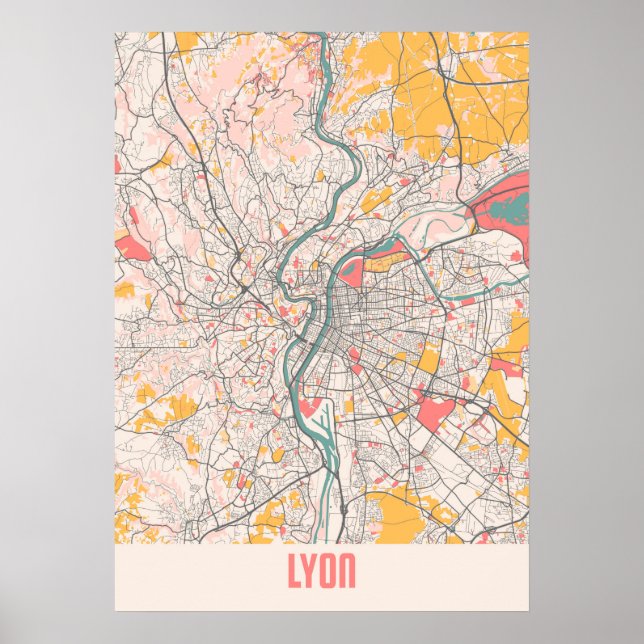 Poster Lyon - França - Mapa da cidade de Chalk (Frente)