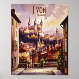 Poster Lyon France Basilica Retro Vintage Watercolor Art
