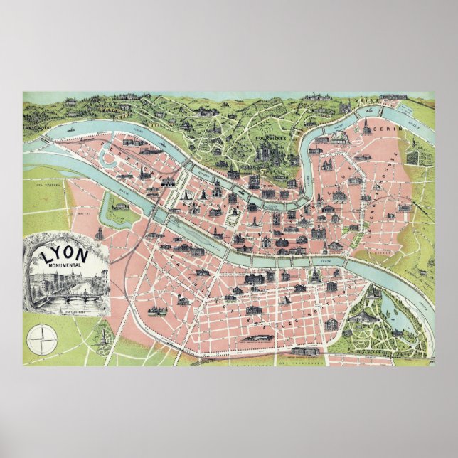 Poster Lyon Monumental Map Garnier Freres Paris 1894 (Frente)