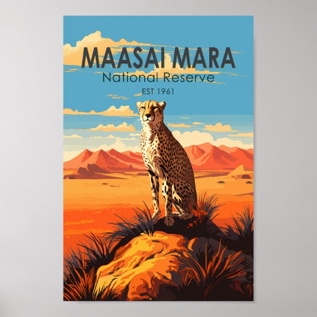 Poster Maasai Mara National Reserve Cheetah Viagem Art (Frente)