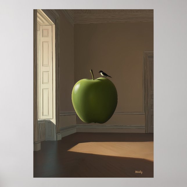 Poster Maçã Verde Flutuante e Pássaro – Paisagem de Sonho (Frente)