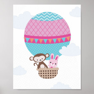 Poster Macaco-Balão de Ar Quente e Arte de Nursery Bunny