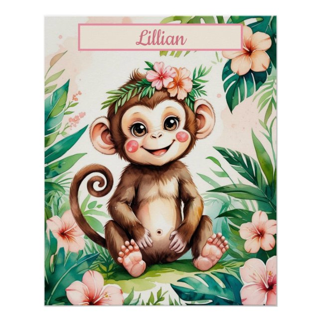 Pôster Macaco-Bebê-Nursery de Nome Personalizado (Frente)