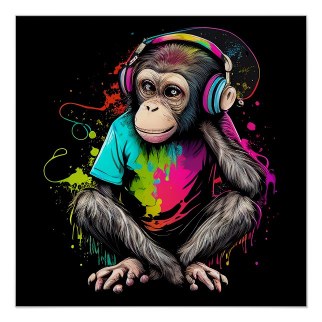 Pôster Macaco Bonito Ouvindo Música, Macaco Com Música Ob (Frente)