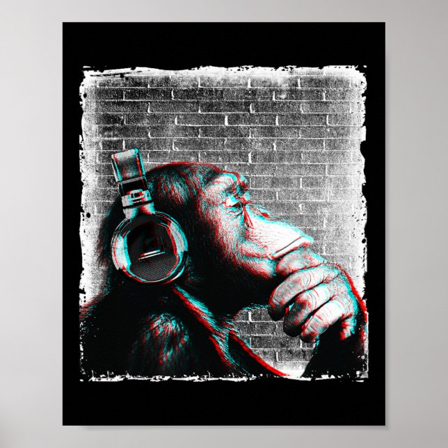 Poster Macaco Chimp Com Camisa De Fones de ouvido - Músic (Frente)