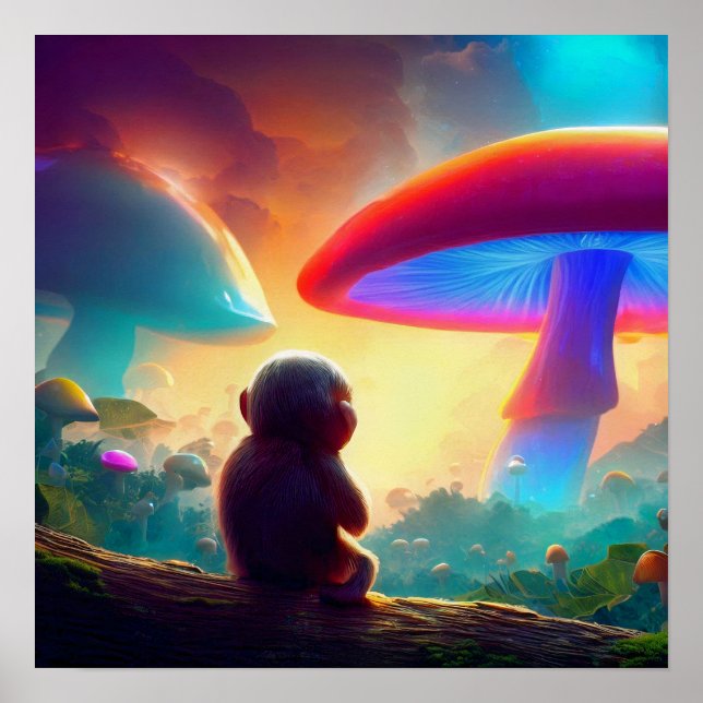 Poster Macaco com vista para Mushroom Landscape (Frente)