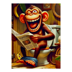 Pôster Macaco de Cartoon Engraçado no Banheiro