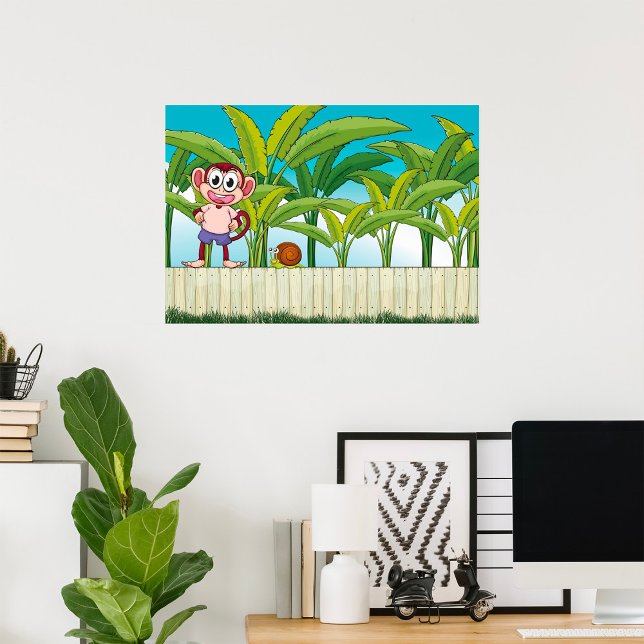 Poster Macaco e caracol na cena tropical da selva (Criador carregado)