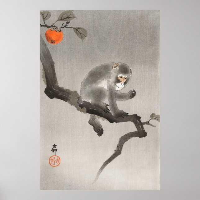 Poster Macaco E Fruta Vintage, Retro Japonês (Frente)