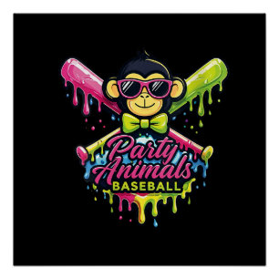 Pôster Macaco engraçado de beisebol de animais da festa d