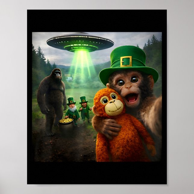 Poster Macaco punching selfie com leprechaun bigfoot ufo  (Frente)