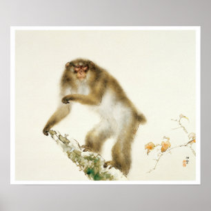 Pôster Macaco velho com a cereja no outono